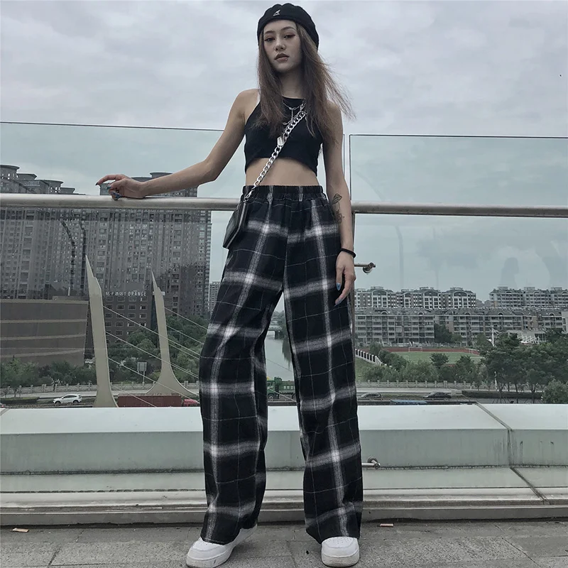 Pase kostkované kalhoty ženy vysokým pasem širokou nohu Kalhoty Ležérní ženské korejské běžkyně punk kalhoty dámské oblečení gothic 2