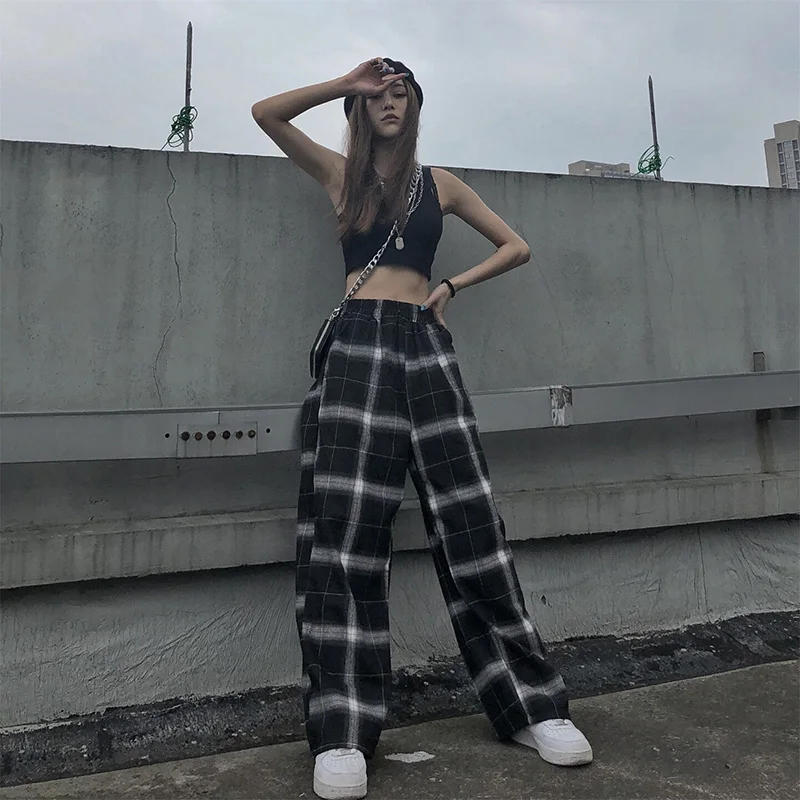 Pase kostkované kalhoty ženy vysokým pasem širokou nohu Kalhoty Ležérní ženské korejské běžkyně punk kalhoty dámské oblečení gothic 3