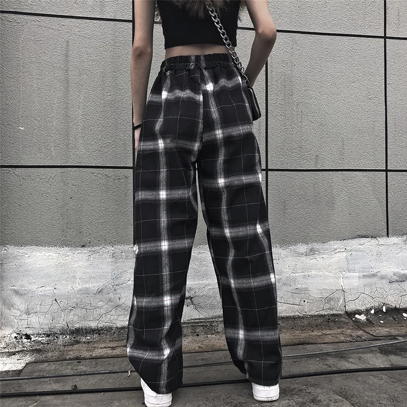 Pase kostkované kalhoty ženy vysokým pasem širokou nohu Kalhoty Ležérní ženské korejské běžkyně punk kalhoty dámské oblečení gothic 5