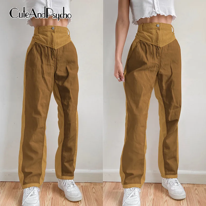 Patchwork Hnědé Manšestrové y2k Kalhoty pro Ženy Vintage Retro Streetwear Tepláky Harajuku Vysokým Pasem Kalhoty Cuteandpsycho 1