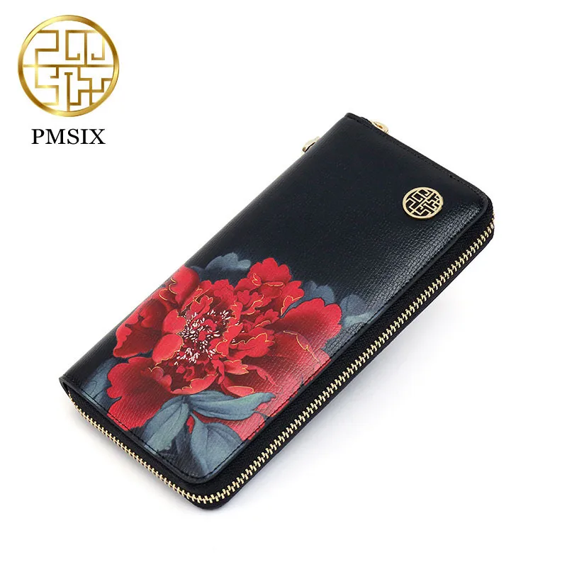 PMSIX Módní Tisk Květiny hovězí Kůže Ženy Peněženka Luxusní Značky, Čínský styl Spojka Držitele Karty Kabelku, Mobilní Telefon Bag 1