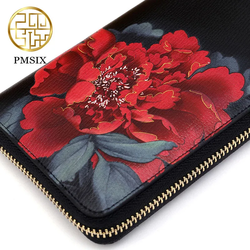 PMSIX Módní Tisk Květiny hovězí Kůže Ženy Peněženka Luxusní Značky, Čínský styl Spojka Držitele Karty Kabelku, Mobilní Telefon Bag 3