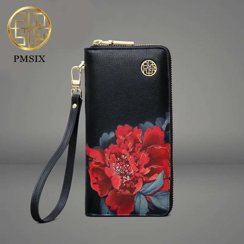 PMSIX Módní Tisk Květiny hovězí Kůže Ženy Peněženka Luxusní Značky, Čínský styl Spojka Držitele Karty Kabelku, Mobilní Telefon Bag 5