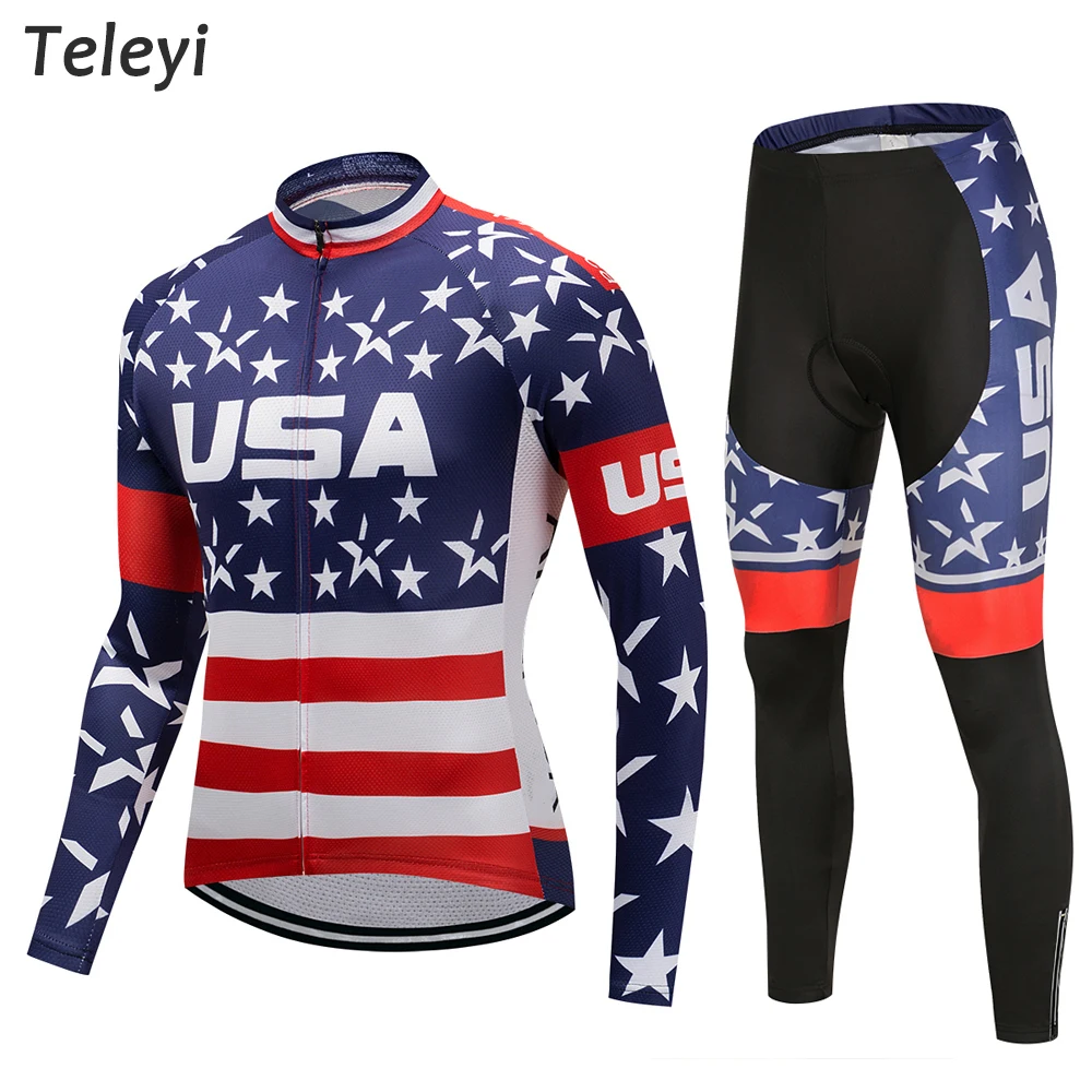Pro Tým Cyklistické USA Vlajka Hvězdy Dlouhý Rukáv Uniformy Ropa Ciclismo Dres MTB Kolo Košile Pad Kalhoty Set Cyklistické Oblečení Oblečení 2