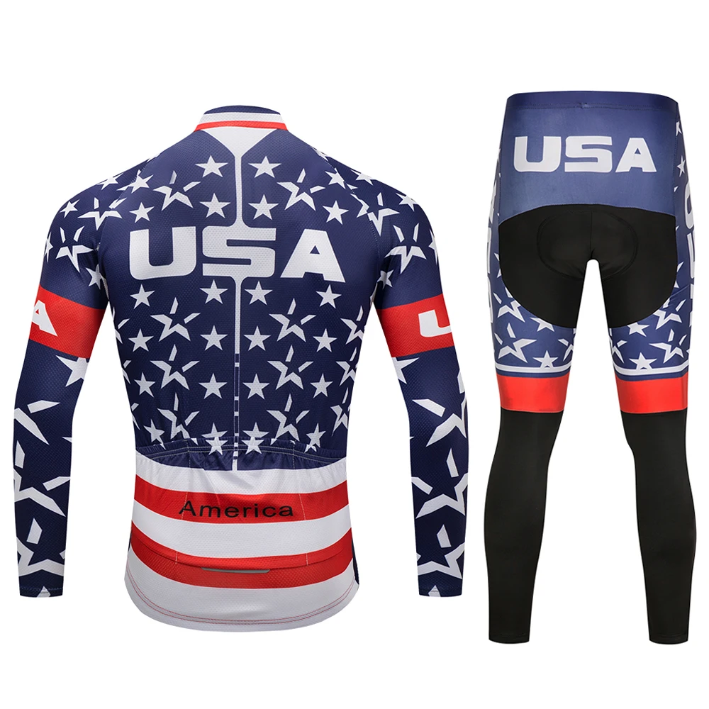 Pro Tým Cyklistické USA Vlajka Hvězdy Dlouhý Rukáv Uniformy Ropa Ciclismo Dres MTB Kolo Košile Pad Kalhoty Set Cyklistické Oblečení Oblečení 3