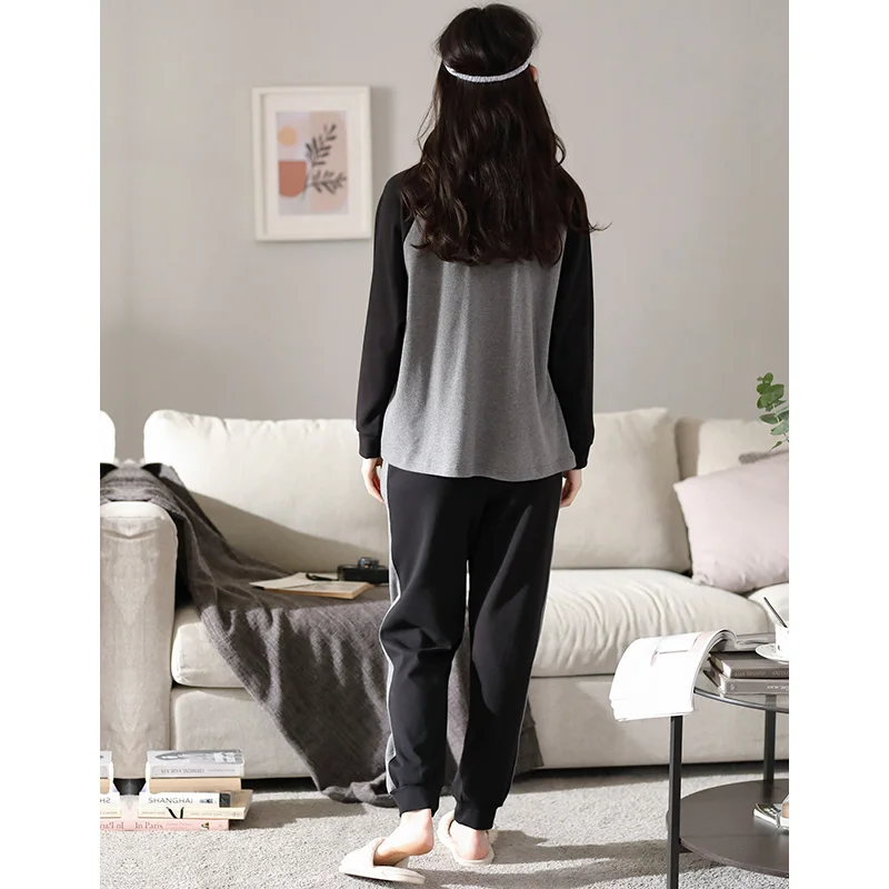 Pyžamo ženy podzim plný čisté bavlny s dlouhým rukávem, černé a šedé sestřih casual home service suit dámské pyžamo velké yardů M-XXL 0