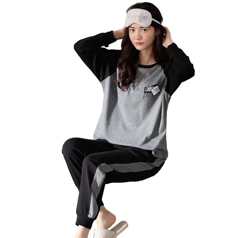 Pyžamo ženy podzim plný čisté bavlny s dlouhým rukávem, černé a šedé sestřih casual home service suit dámské pyžamo velké yardů M-XXL 1