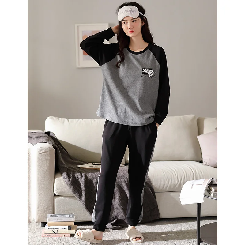Pyžamo ženy podzim plný čisté bavlny s dlouhým rukávem, černé a šedé sestřih casual home service suit dámské pyžamo velké yardů M-XXL 3