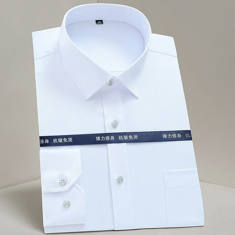 Pánské Klasické Standardní-fit Strečové Šaty Tričko Single Kapsa Patch Tenký Dlouhý Rukáv Formální Obchodní Pevné Bílé Základní Košile 1