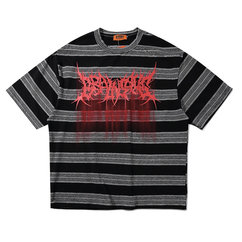 Pánské Stripe Print T Shirt Hiphop Oversize Vintage Trička 2020 Letní Unisex Krátký Rukáv Černá Trička Bavlna Pár Topy 0