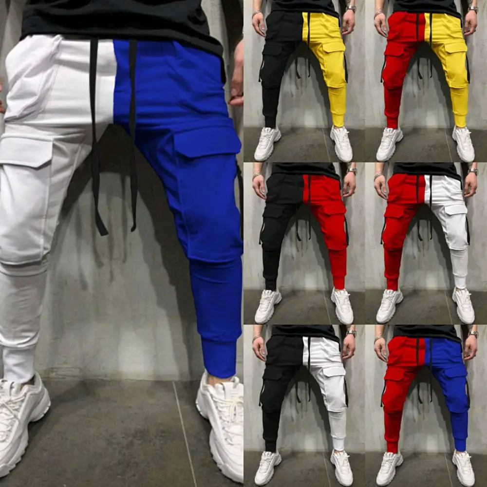 Pánské Tepláky Patchwork Kontrast Barva Kalhoty Hip Hop Track Kalhoty Streetwear Slim Běžců Mužské Neformální Multi-Kapsa Kalhot 0