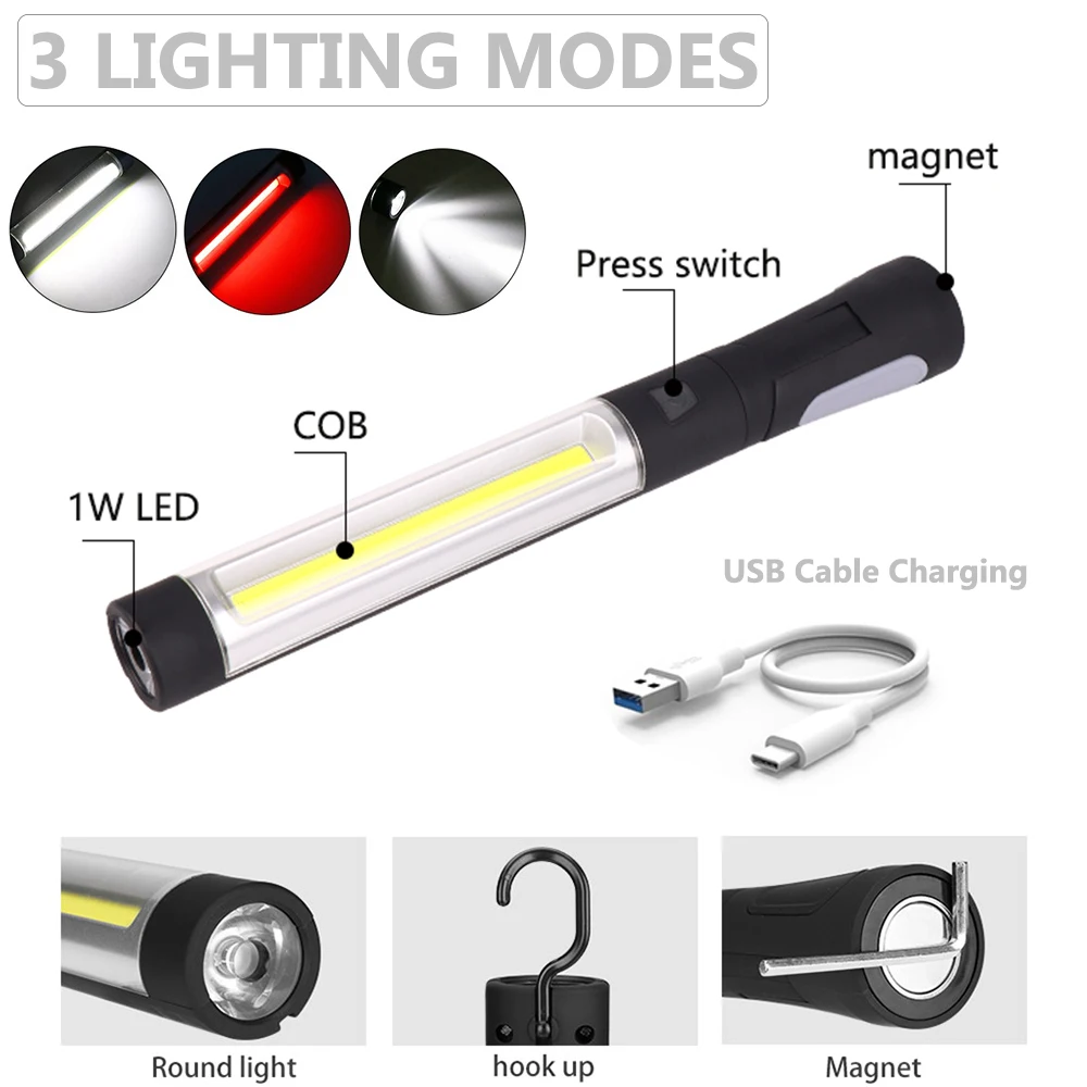 Přenosné Pracovní Světlo COB LED Svítilna USB Nabíjecí pracovní světlo Magnetický Pochodeň 360 Otočit Inspekční Lampa s Háčkem Opravy 5