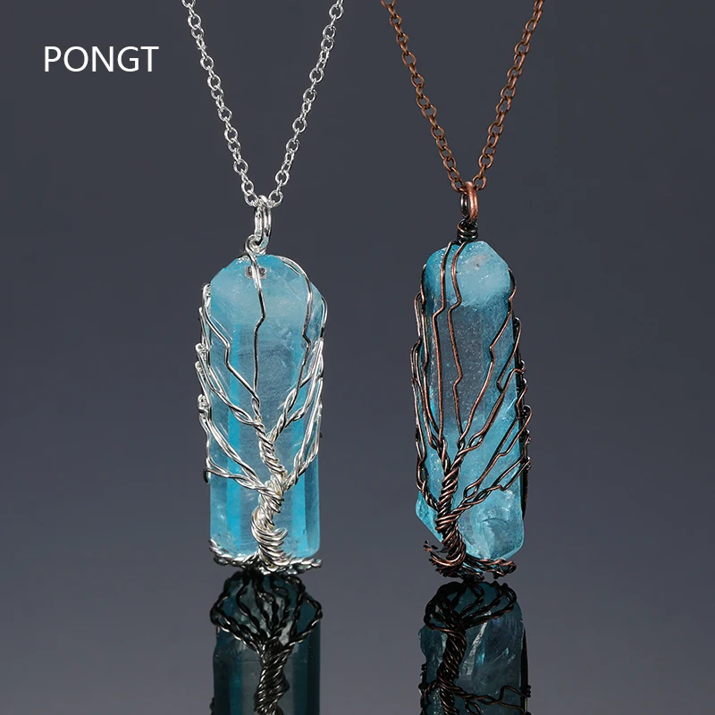 Přírodní kameny, strom života, přívěsek crystal drát zabalené modré quartz bod crystal reiki fialový kámen náhrdelník s přívěskem šperky 0