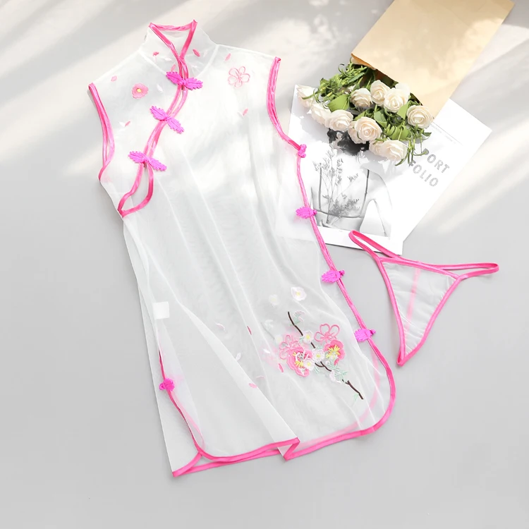 Retro Čínský Cheongsam Sexy Spodní Prádlo Výšivky Květinové Žakárové Vyšší Open Rozlitým Erotické Noční Košile Sexy Oblečení Na Spaní 1