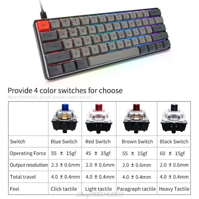 RGB LED Podsvícené Drátové Mechanické Klávesnice,Přenosné Kompaktní Vodotěsné Mini Gaming Keyboard 61 PBT Poškrabané Gateron Switcs Jy21 20 3