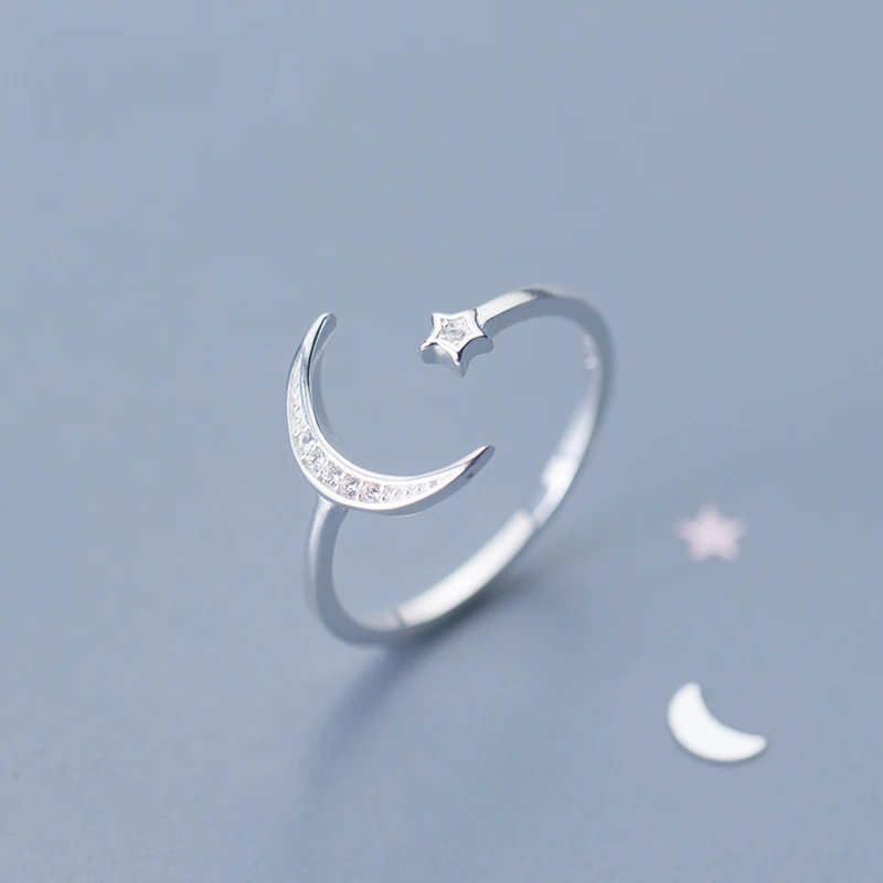 Roztomilé Měsíc a Hvězdy Nastavitelný 925 Sterling Silver Prstenů se Zirkony Bling Kámen pro Ženy Módní Svatební Zásnubní Šperky 0