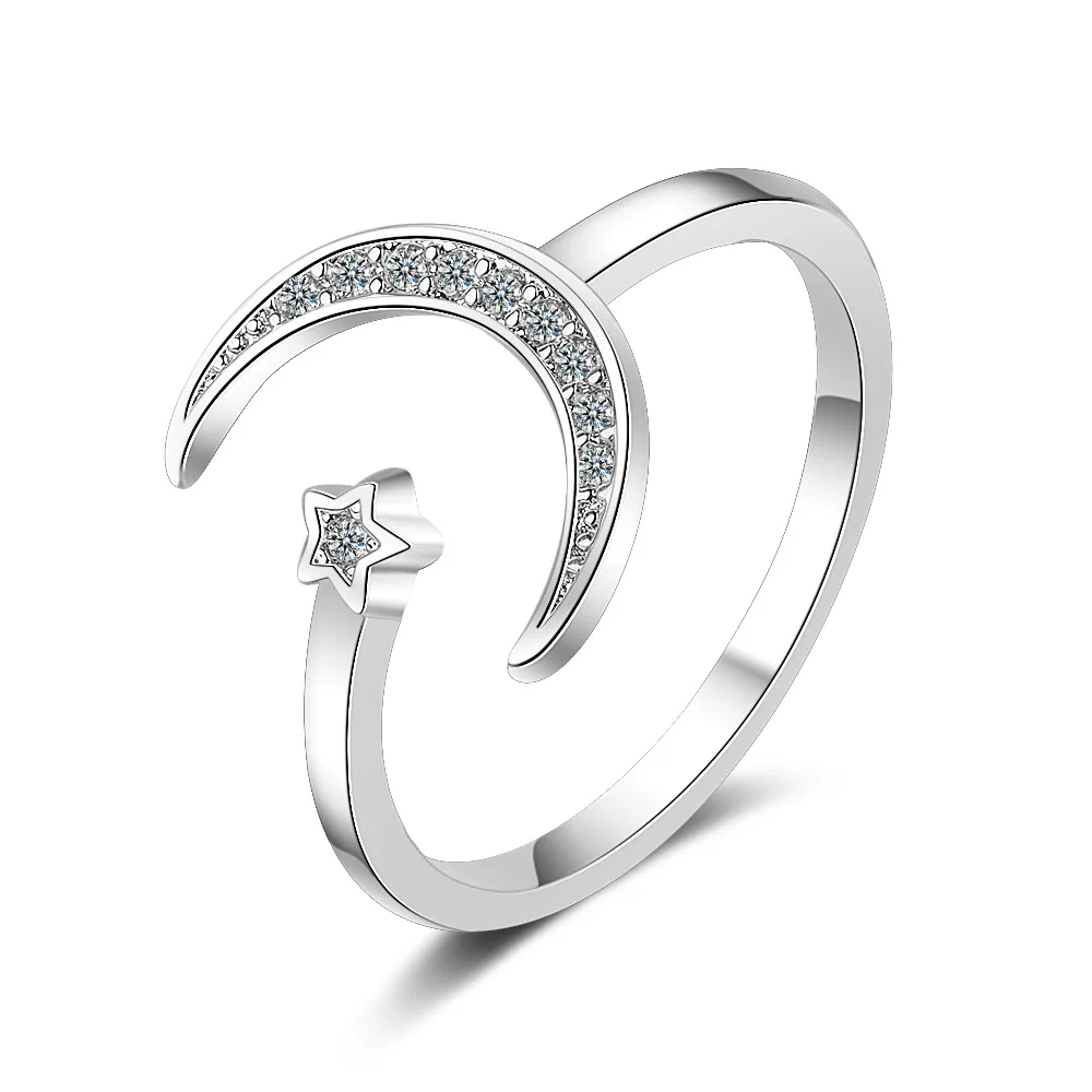 Roztomilé Měsíc a Hvězdy Nastavitelný 925 Sterling Silver Prstenů se Zirkony Bling Kámen pro Ženy Módní Svatební Zásnubní Šperky 2