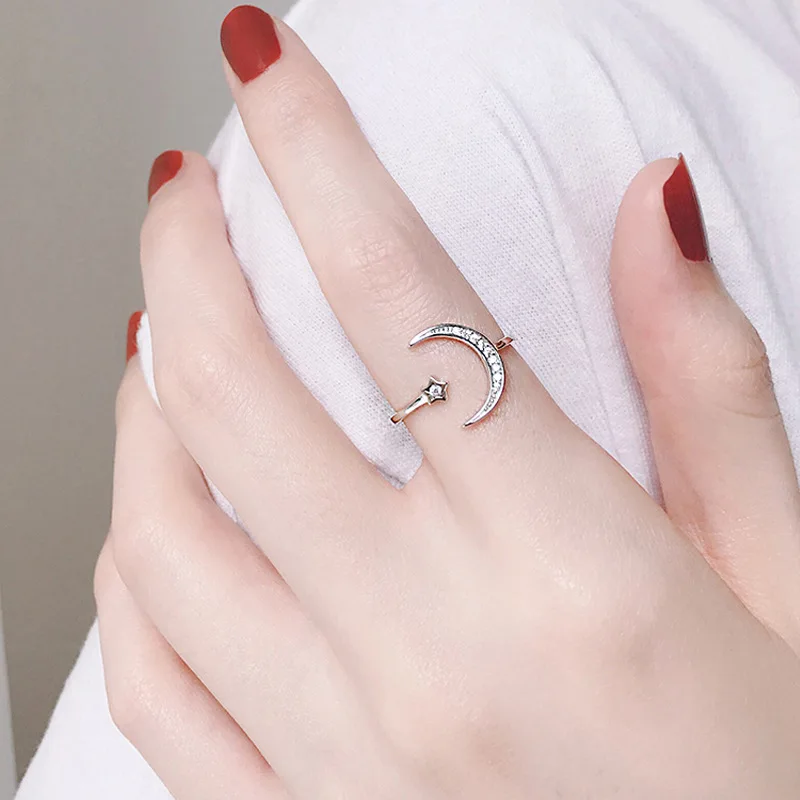 Roztomilé Měsíc a Hvězdy Nastavitelný 925 Sterling Silver Prstenů se Zirkony Bling Kámen pro Ženy Módní Svatební Zásnubní Šperky 3