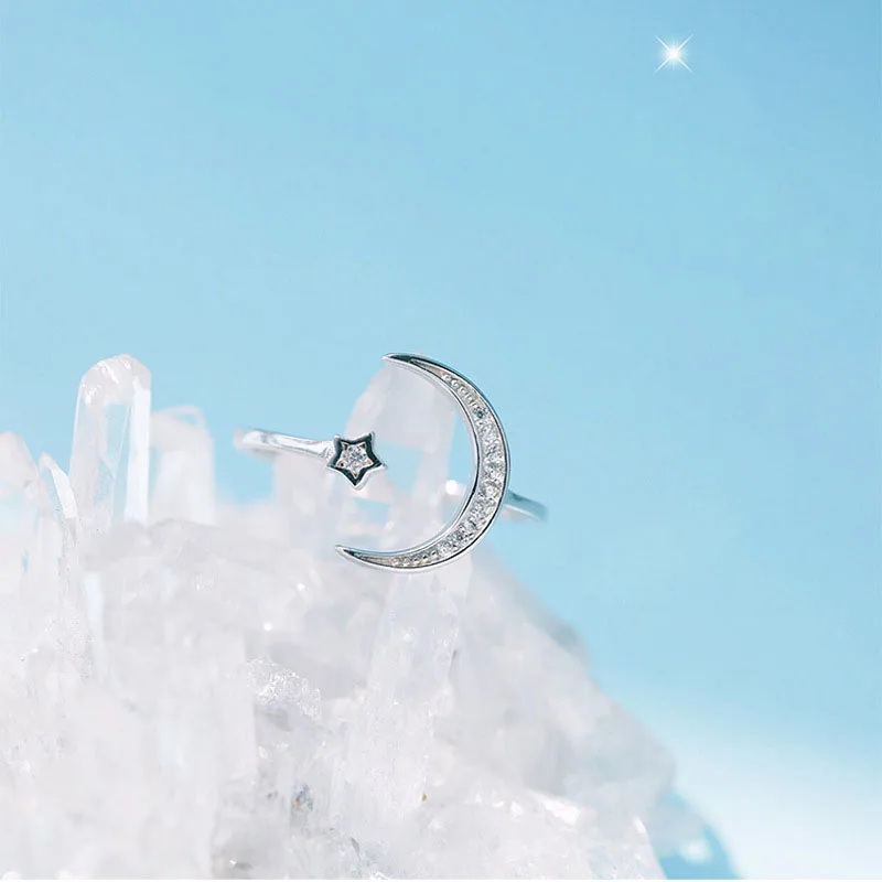 Roztomilé Měsíc a Hvězdy Nastavitelný 925 Sterling Silver Prstenů se Zirkony Bling Kámen pro Ženy Módní Svatební Zásnubní Šperky 4