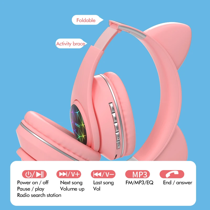 Roztomilý Kočka Bluetooth 5.0 Headset Bezdrátové hi-fi Stereo Hudby Bass Sluchátka LED Světlo Mobilních Telefonů Dívka, Dcera Headset Pro PC 4