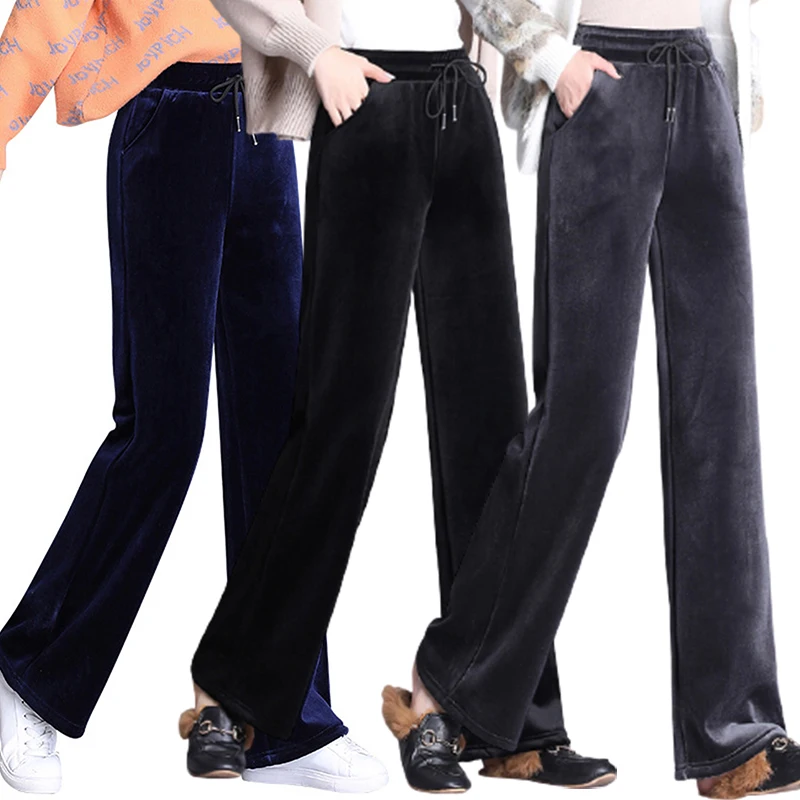 SEXY Dámské Sametové Rovné Široké Kalhoty Plus Sametové Podzim-Zima Rouška Plus Velikosti Teplé Kalhoty Ležérní Kalhoty Bavlněné Kalhoty 1