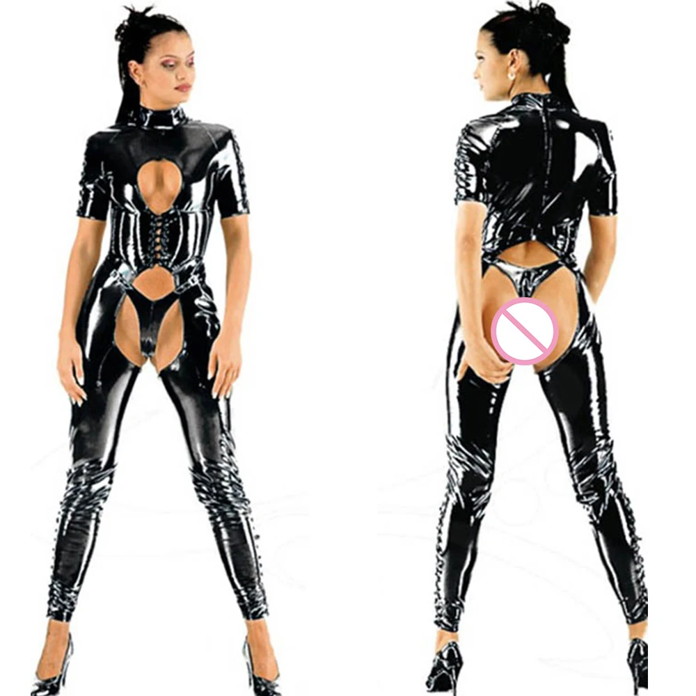 Sexy Černá Žena Umělé Kůže Kombinézu Catsuit Zadní Zip Otevřené V Rozkroku Stretch Clubwear Erotická Kombinéza Pole Dance, Spodní Prádlo 1