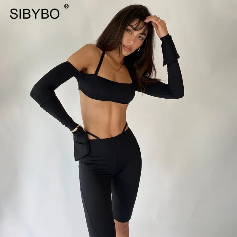 SIBYBO 2 Kus Krátký Sady Ženy Oblečení Letní Sexy Off Rameno Crop Top Biker Sady 2020 Ženy Černá Sportovní Fitness Teplákové soupravy 0