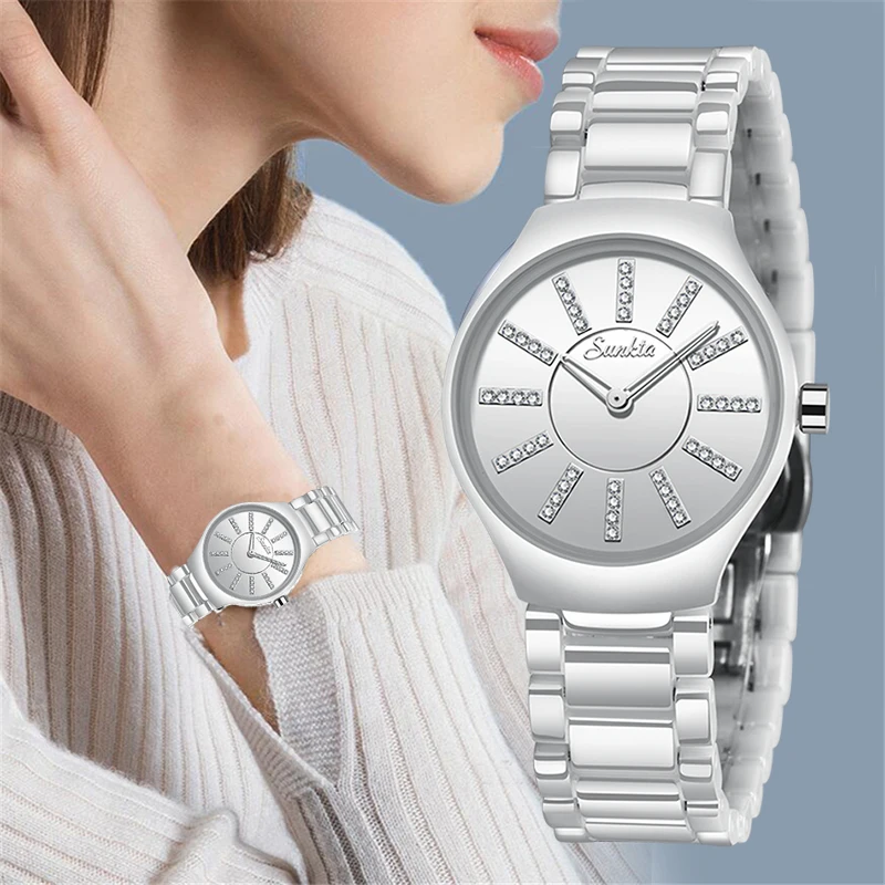 SUNKTA luxusní dámské hodinky značky crystal módní Bílý Náramek hodinky dámské hodinky vodotěsné hodinky ženy Relogio Feminino 0