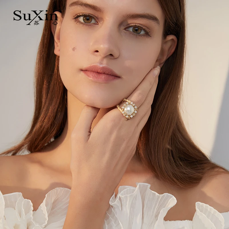 SuXin 2020 nové módní retro punk hip hop big pearl nastavitelný prsten prst prsten šperky ženy, dárky 0