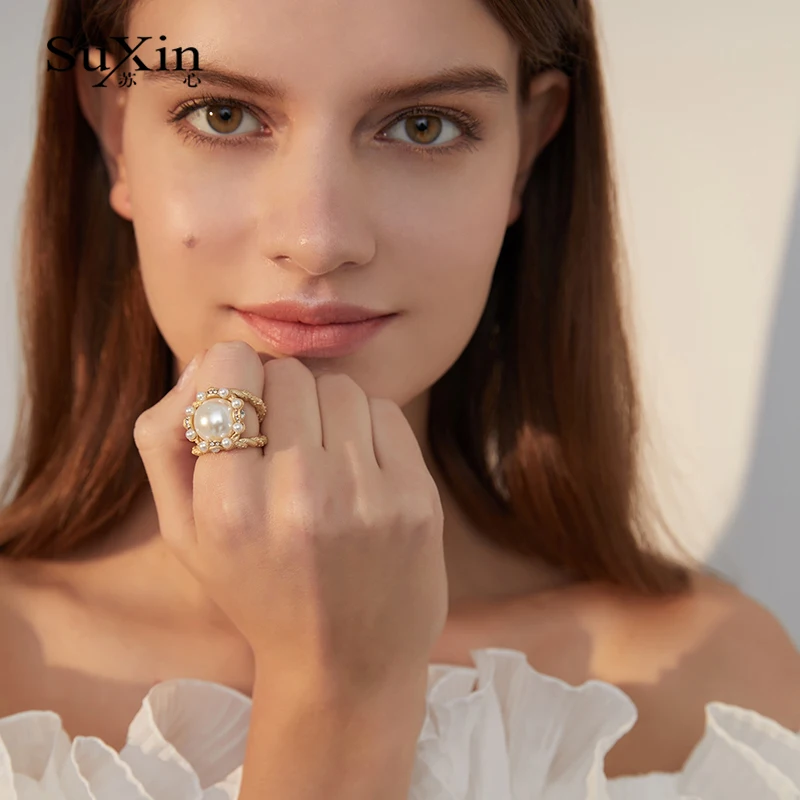 SuXin 2020 nové módní retro punk hip hop big pearl nastavitelný prsten prst prsten šperky ženy, dárky 4