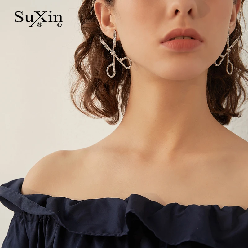 SuXin náušnice 2020 nové jednoduché nůžky temperament náušnice pro ženy dlouhý crystal přívěskem náušnice šperky dárek 2