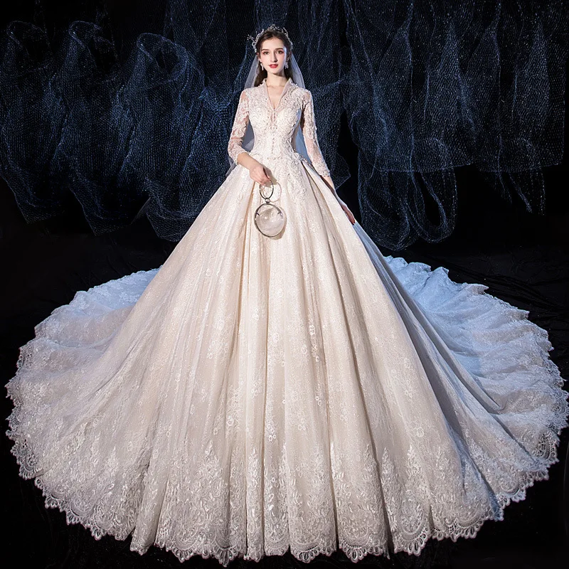 Svatební Šaty Roku 2021 Nové Luxusní Plný Rukáv Sexy V-neck Svatební Šaty S Vlakem plesové Šaty Princezna Vestido De Noiva 5