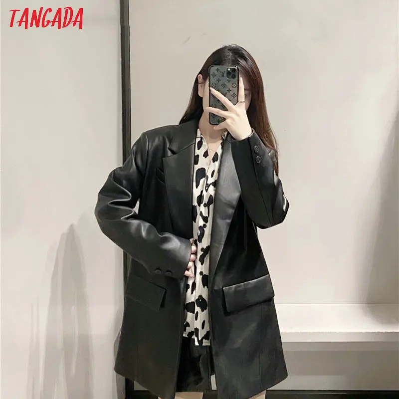 Tangada ženy black faux kožené sako ženy dlouhý rukáv elegantní bunda dámské ležérní sako vyhovuje 6A41 0