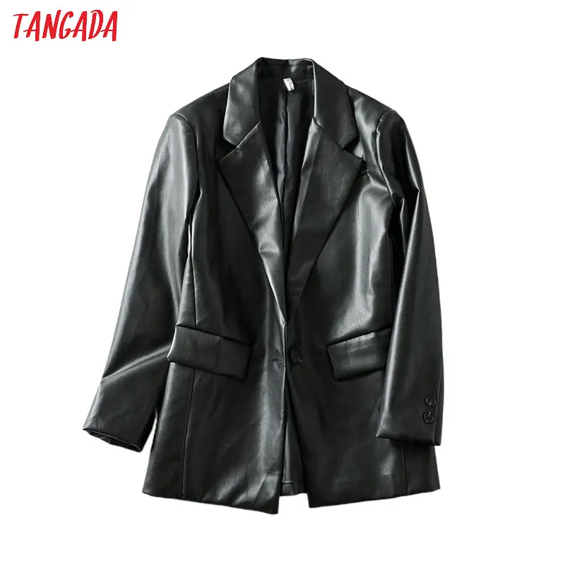 Tangada ženy black faux kožené sako ženy dlouhý rukáv elegantní bunda dámské ležérní sako vyhovuje 6A41 1