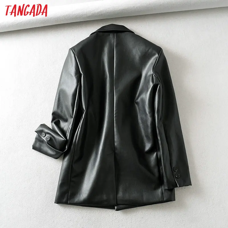 Tangada ženy black faux kožené sako ženy dlouhý rukáv elegantní bunda dámské ležérní sako vyhovuje 6A41 3