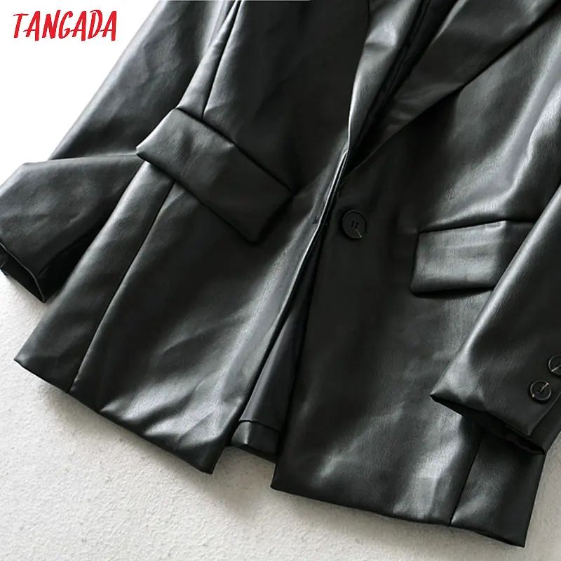 Tangada ženy black faux kožené sako ženy dlouhý rukáv elegantní bunda dámské ležérní sako vyhovuje 6A41 4