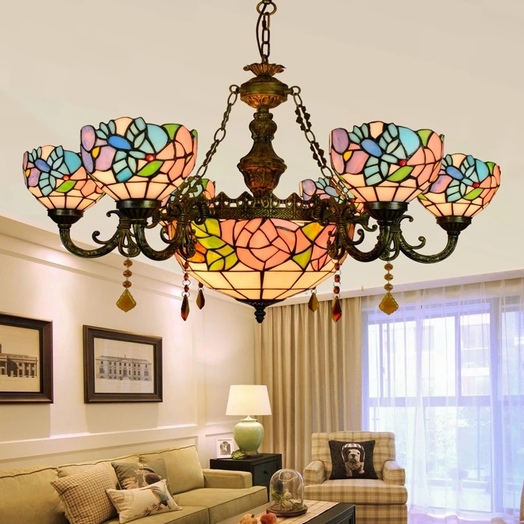 Tiffany Barokní Maso Květinové Barevného Skla Zavěšené Svítidlo E27 110-240v Řetězce Přívěsek Světla Pro Domácí Salon Jídelna 0