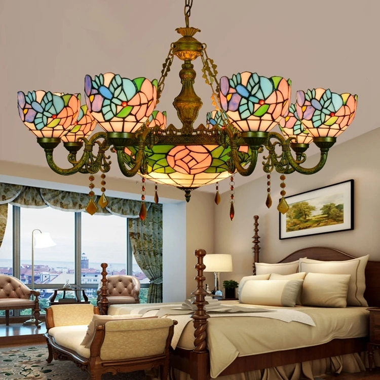 Tiffany Barokní Maso Květinové Barevného Skla Zavěšené Svítidlo E27 110-240v Řetězce Přívěsek Světla Pro Domácí Salon Jídelna 1