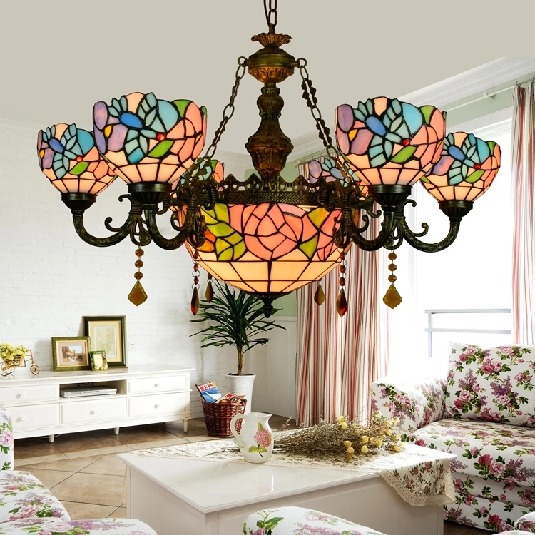Tiffany Barokní Maso Květinové Barevného Skla Zavěšené Svítidlo E27 110-240v Řetězce Přívěsek Světla Pro Domácí Salon Jídelna 2