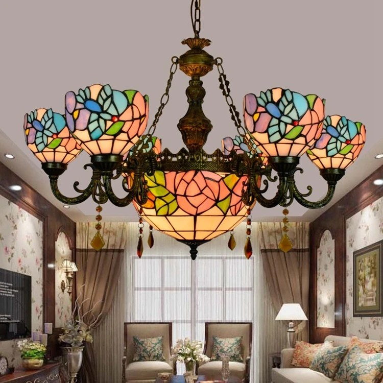 Tiffany Barokní Maso Květinové Barevného Skla Zavěšené Svítidlo E27 110-240v Řetězce Přívěsek Světla Pro Domácí Salon Jídelna 3