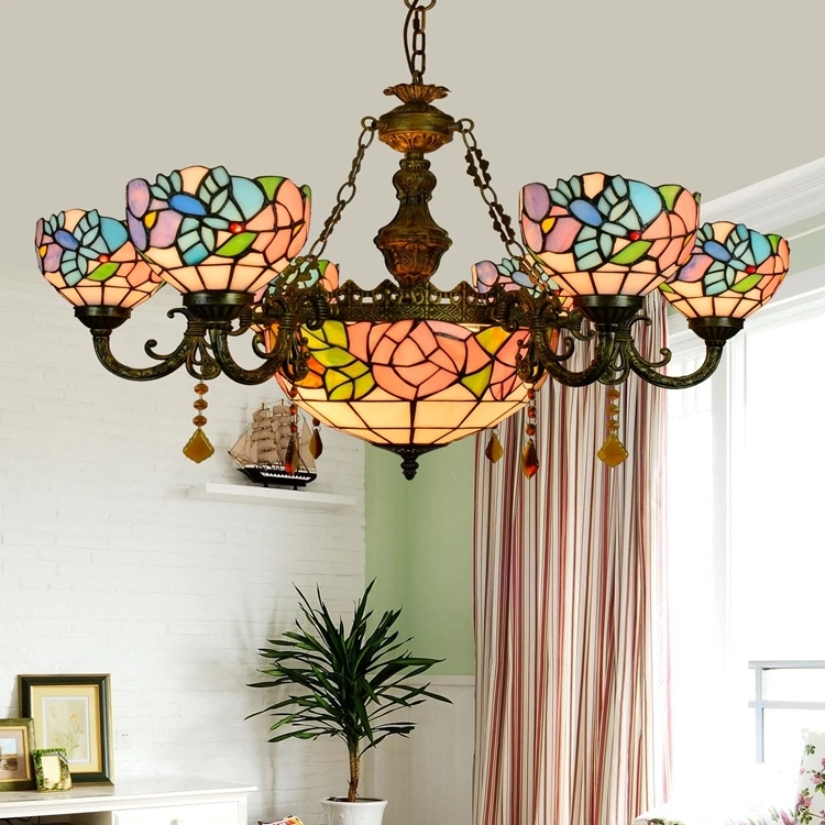Tiffany Barokní Maso Květinové Barevného Skla Zavěšené Svítidlo E27 110-240v Řetězce Přívěsek Světla Pro Domácí Salon Jídelna 4