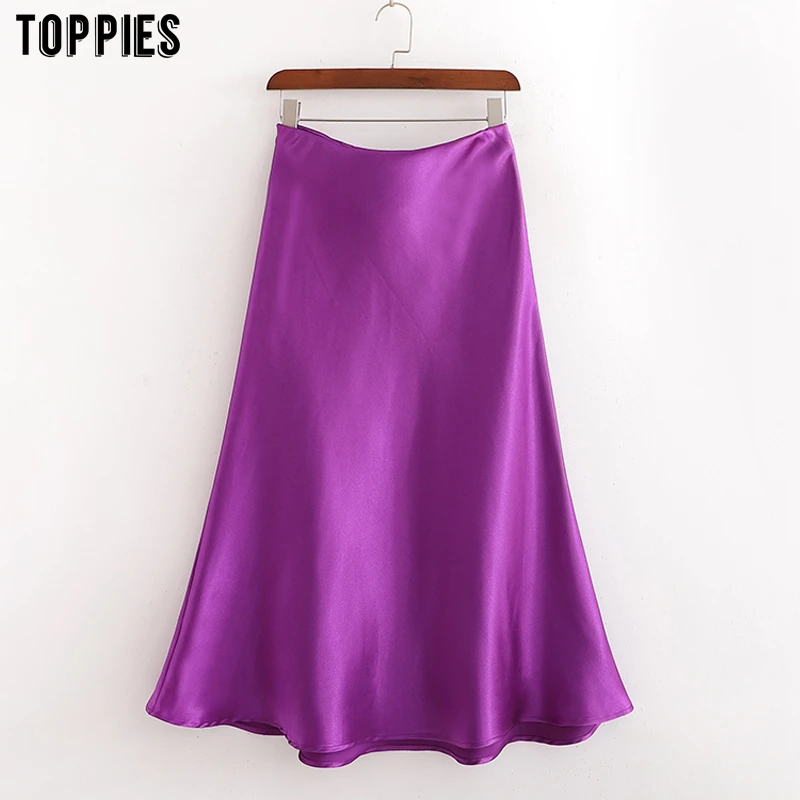 Toppies letní fialové saténové sukně dámské-line midi sukně vysoký pas plná barva streetwear 4
