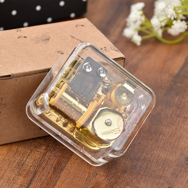Transparentní pozlacené jaře pohybu akryl náměstí music box kreativní dárek osm sound box home nábytek domácí dekorace 1