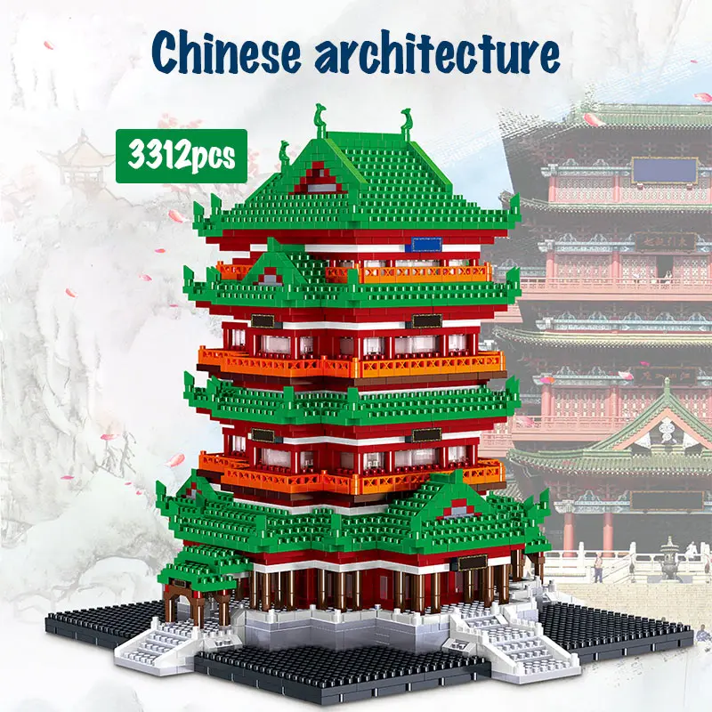 Tvůrce Slavných Architektury Mini Cihly Města Diamond Tengwang Pavilion Yueyang Tower Model, Stavební Bloky Hračky pro Děti 0