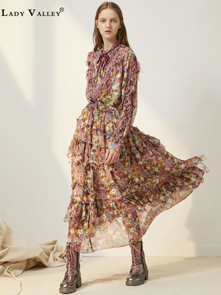 Těžké řemesla složence houba límec na krk květinové tričko dvoudílné dámské jarní a podzimní vysokým pasem volánky sukně móda suit 1