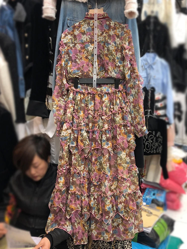 Těžké řemesla složence houba límec na krk květinové tričko dvoudílné dámské jarní a podzimní vysokým pasem volánky sukně móda suit 3