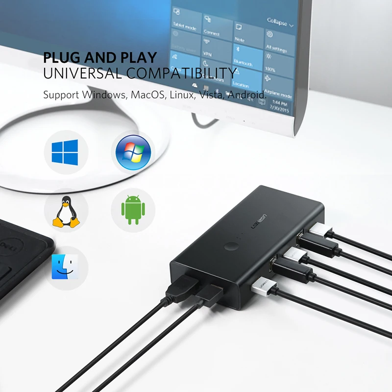 UGREEN KVM Přepínač 2 V 4 out HDMI-kompatibilní Switcher Box USB Rozbočovač Sdílení Box s 3 Přepínání Režimů pro Tiskárny, Klávesnice PC KVM 4
