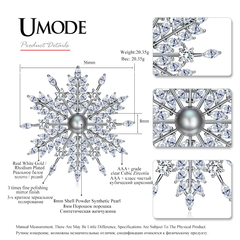 UMODE Nový Pearl Brož Šperky pro Ženy Velký Drahokamu Crystal Květinové Brože a Pin Svatební Smowflake Límec Brož UX0007 3