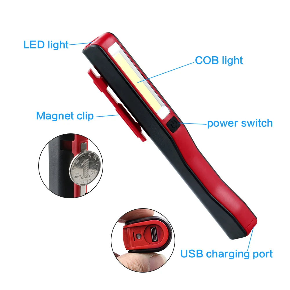 USB Dobíjecí Přenosný COB LED Svítilna, Dobíjecí, Magnetické Pero, Klip kapesní Svítilna Pracovní Světlo vestavěná Baterie S Magnetem 4