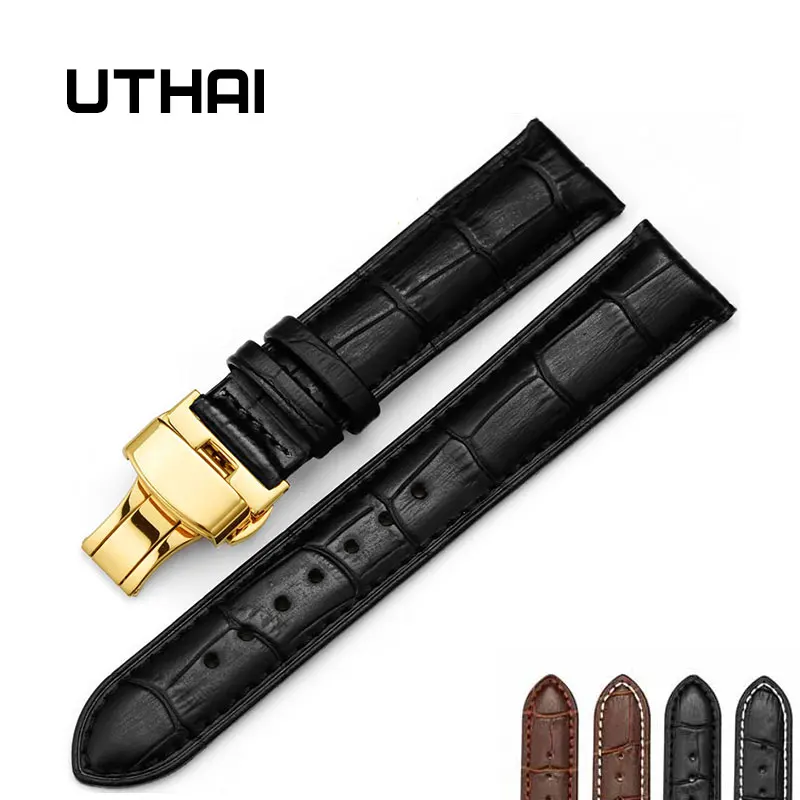 UTHAI Z06-gold dvakrát klikněte elastické motýl spony popruh hovězí kůže dermální 14/16/18/19/20/21/22 /24mm náramkové hodinky Náramek + Nástroj 1